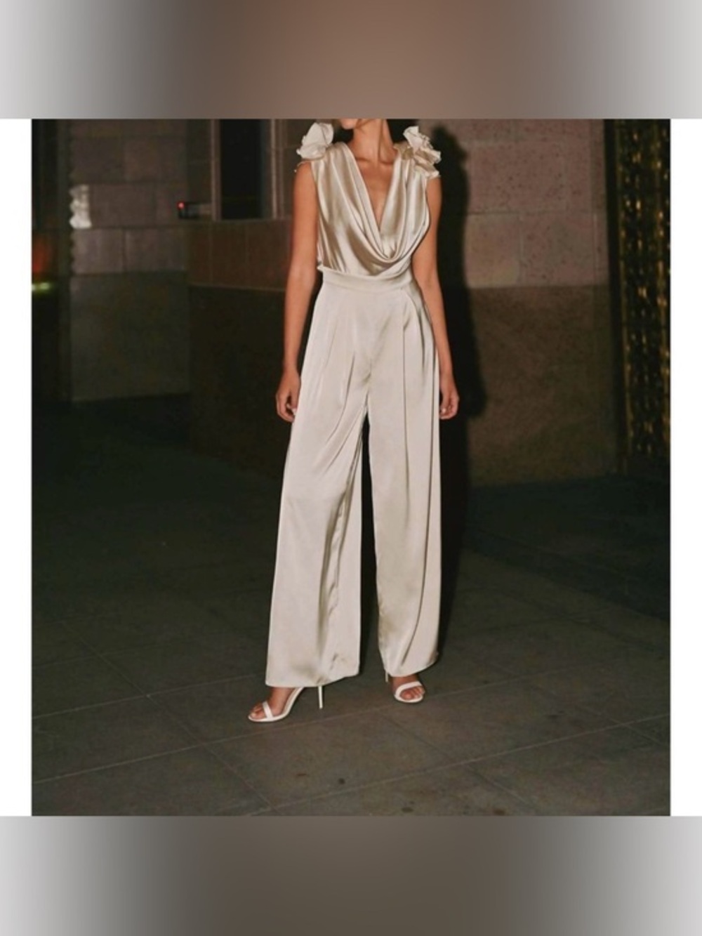 MABLE NEW NWT 3D Floral Satin Appliqué Deep Cowl Neck Wide Leg Jumpsuit Sz Small